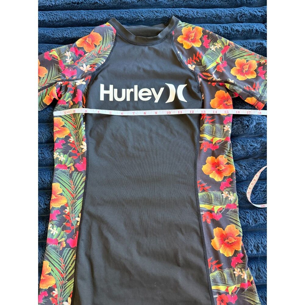 Hurley Women Floral Tropical Rash Guard Short Sleeve UPF Surf Top Black Medium - Picture 5 of 5